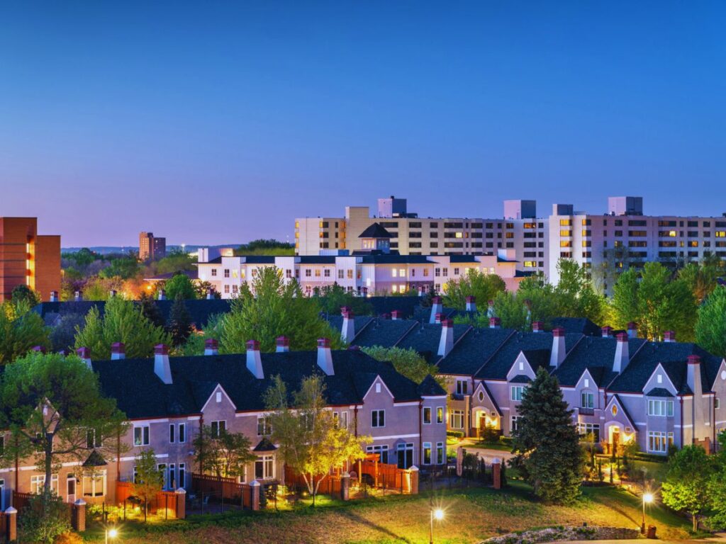 Town cityscape at dawn, Bloomington, MN